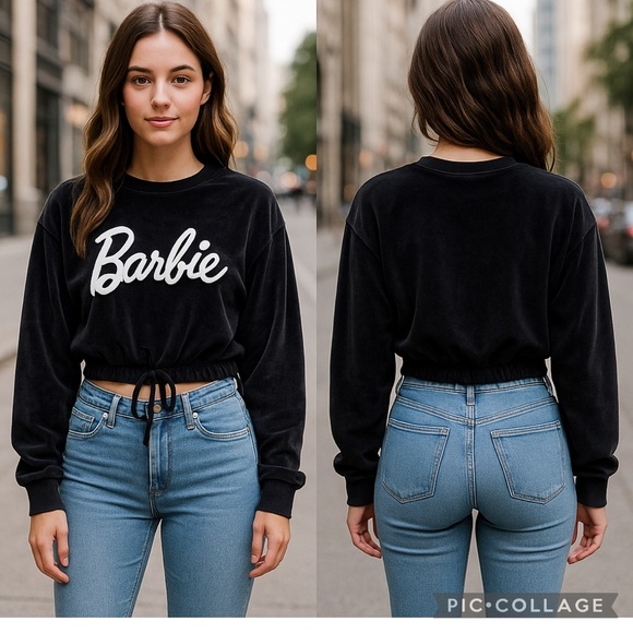 Barbie Black Velour Pullover Cropped Long Sleeve Drawstring Sweatshirt Top Sz M - Picture 11 of 11